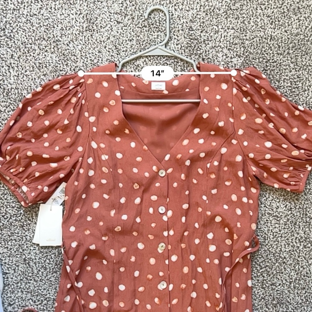 Wilfred Aritzia Libretto Dress – Rust Polka Dot Tie-Front Midi – Size Large - Picture 10 of 12